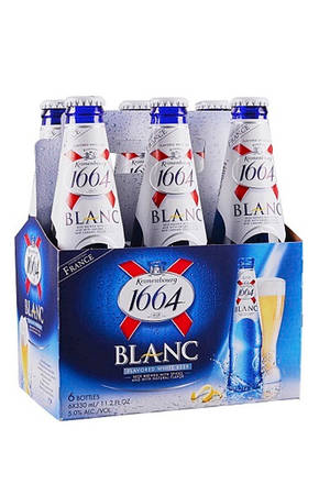 六瓶裝Kronenbourg 1664 Blanc啤酒，配以檸檬裝飾和倒出玻璃杯插圖。