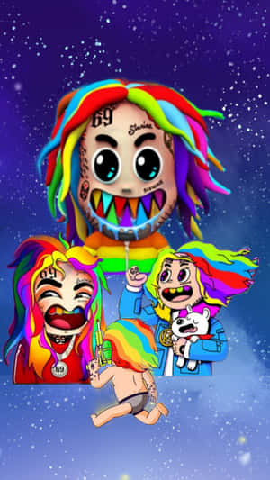 擁有彩虹頭髮和紋身的卡通人物在佈滿星星的天空中飄浮。