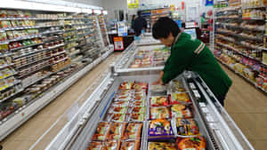店員喺超市通道補充冷凍食品。