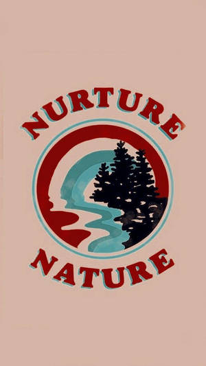 圓形標誌，樹木和河流在「NURTURE NATURE」文字下方