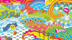 迷幻卡通場景，彩虹山丘和士兵在色彩繽紛的小路上行走。