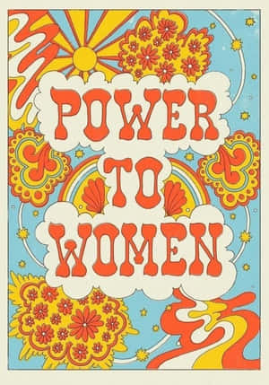 藍色背景上迷幻花卉設計中的粗體橙色文字「POWER TO WOMEN」。