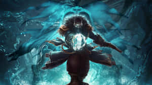 鬍鬚戰士在水下引導發光的藍色魔法，被幽靈般的人物包圍。