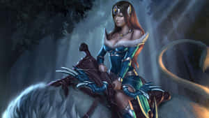 頭上有角的女性奇幻戰士在黃昏時分騎著一頭白狼在迷霧森林中。