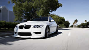 白色BMW M3在陽光明媚的日子裡在綠樹成蔭的道路上行駛。