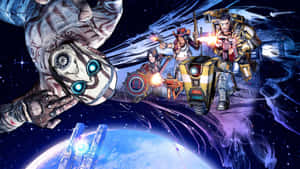 穿著盔甲的太空冒險家在藍色行星上空發射武器，背景有星場。