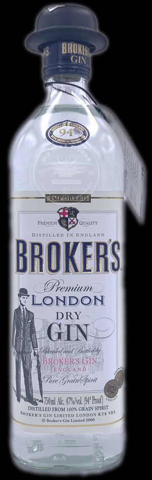 Broker's Premium London Dry Gin 酒瓶，帶有復古標籤和藍色瓶蓋。