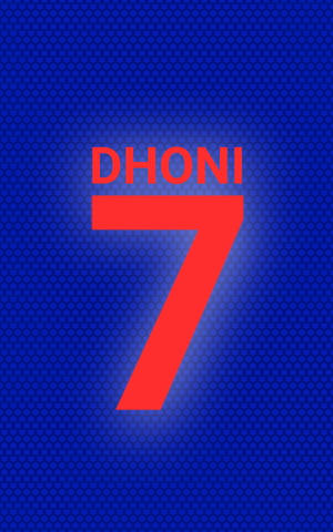 紅色 Dhoni 7 文字在藍色六邊形背景上發光。