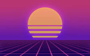 Vaporwave 日落，橙色太陽和發光網格地平線。