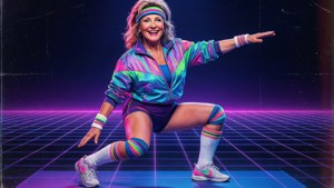充滿活力的女性穿著80年代運動服在夜間的霓虹網格上跳舞。