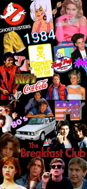 一幅1980年代流行文化偶像的拼貼畫，包括電影、音樂、電視和名人。 — iPhone 14 壁紙