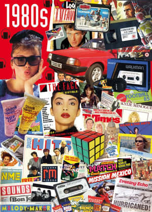 一幅色彩繽紛的1980年代流行文化紀念品拼貼畫，包括雜誌、卡式錄音帶和名人照片。 — IPhone風格壁紙