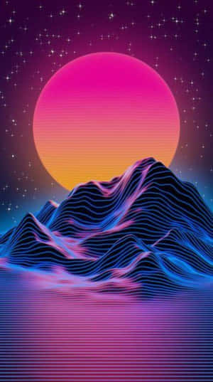 在發光太陽下，帶有星空和數碼波浪線的霓虹山脈。 — 復古浪潮 壁紙