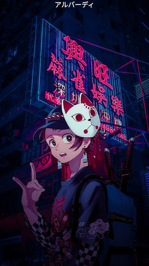 動漫角色戴狐狸面具持劍，夜晚霓虹城市