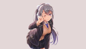 穿著校服的動畫女孩眨眼並做出和平手勢，帶有貓耳朵。