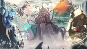 戴帽女孩拿著發光球體面對巨大章魚和鯊魚的奇幻城市。