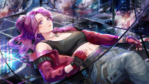 紫髮動漫少女身穿戰鬥裝備，躺在霓虹城市的碎玻璃上。 — 可愛動漫女仔 壁紙