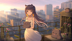 貓耳動漫少女在夕陽下，於屋頂上抱著一個毛絨貓咪，背景是城市景觀。