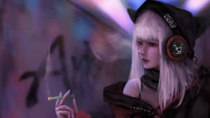 戴著貓耳和耳機的動漫女孩在塗鴉牆附近抽煙。