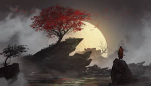 武士在岩石海岸上，發光的月亮和紅樹下