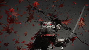 武士持劍，被飄落的紅楓葉包圍。