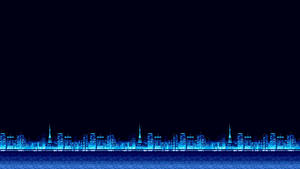 夜晚藍色燈光城市天際線倒映在水中