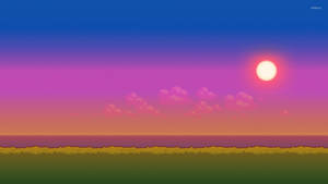 像素化日落，發光的太陽在草地和粉紅雲朵之上。