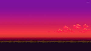 像素藝術日落，紫色和紅色的天空，發光的雲朵在黑暗景觀之上。