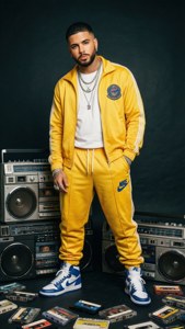 穿黃色Nike運動服的男人站在音箱之間，地上有卡式錄音帶