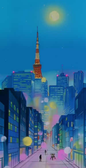 夜晚的動畫城市街道，東京塔和閃爍的燈光。