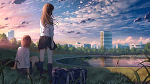 兩個動漫女孩坐在池塘邊觀看夕陽落在城市天際線上
