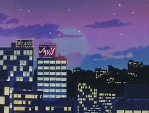夜晚的動漫城市天際線，在滿天星斗的紫色天空下，閃爍的窗戶和霓虹燈招牌。