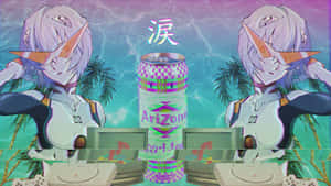 動漫角色與復古遊戲機一起夾著一罐汽水，在一個故障熱帶場景中。