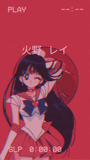 穿著水手服的動漫角色在帶有故障效果和遊戲界面文字的情況下眨眼。