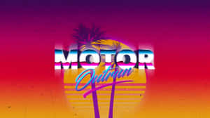 復古電子遊戲標題 MOTOR Outrun，背景為棕櫚樹和日落。