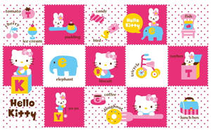 以 Hello Kitty 為主題的牆紙，在粉紅色圓點背景上配有玩具、食物和字母積木