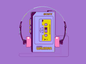 復古Sony Walkman，配有粉紅色耳機和黃色卡式錄音帶，背景為紫色。