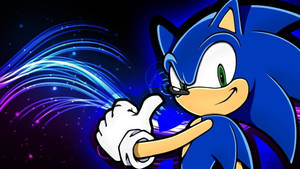 Sonic the Hedgehog 豎起拇指，身後有發光嘅能量軌跡。