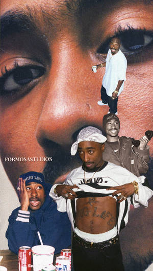 Tupac Shakur拼貼畫，帶有汽水罐和巨大臉部背景