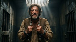 一個被鎖鏈鎖住的男人在監獄牢房中抬頭仰望，光線透過天窗照射進來。