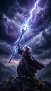 一位巫師在山頂上，在暴風雨中用他的法杖召喚閃電。