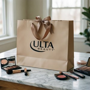 Ulta Beauty購物袋與化妝品放在窗邊的大理石檯面上。