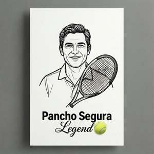 Pancho Segura 手持網球拍，附有文字和球的肖像。