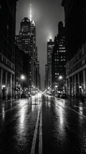 夜晚濕漉漉的城市街道，高樓大廈和閃爍的燈光反射在路面上。
