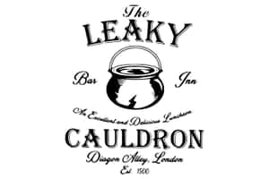 The Leaky Cauldron Bar Inn 標誌，帶有破裂的大鍋和優雅文字。 — MacBook Pro 14 壁紙