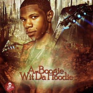 A-Boogie Wit Da Hoodie 在未來城市中，有飛行車輛和金色燈光。
