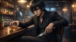 一個穿著深色西裝的動漫男人坐在酒吧裡，手持刀和威士忌杯。