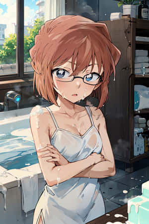 戴眼鏡的動漫女孩站在充滿蒸汽的浴室裡，手臂上有肥皂泡。 — Huawei MatePad 11.5 S (2025) 壁紙
