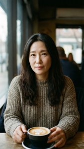 一位穿著針織毛衣的女性在咖啡館窗邊拿著帶有心形藝術的拿鐵。