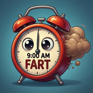 一個紅色卡通鬧鐘，有眼睛和一個在上午9:00的屁雲。